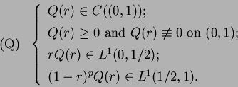 \begin{displaymath}
\mbox{ (Q) } \
\left \{ \
\begin{array}{@{\,}ll}
Q(r) \in ...
...{5pt}\\
(1-r)^p Q(r) \in L^{1}(1/2, 1).
\end{array} \right.
\end{displaymath}