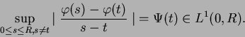 \begin{displaymath}\sup_{0\leq s\leq R,s\not=t}{\displaystyle{ \mid{{\varphi(s)-\varphi(t)}\over {s-t}} \mid}}=\Psi(t) \in L^1(0,R).\end{displaymath}