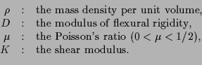 \begin{displaymath}
\begin{array}{rcl}
\rho &:& \mbox{the mass density per unit ...
...}\ (0<\mu<1/2), \\
K &:& \mbox{the shear modulus}.
\end{array}\end{displaymath}