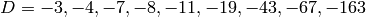 D = -3, -4, -7, -8, -11, -19, -43, -67, -163