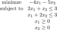 \begin{array}{cc}
\text{minimze} & -4x_1-5x_2\\
\text{subject to} & 2x_1 +x_2\le 3\\
                  & x_1+2x_2\le 3\\
                  & x_1 \ge 0 \\
                 & x_2 \ge 0\\
\end{array}