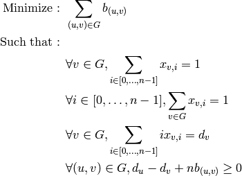 \mbox{Minimize : }&\sum_{(u,v)\in G} b_{(u,v)}\\ 
\mbox{Such that : }&\\ 
&\forall v\in G, \sum_{i\in [0,\dots,n-1]}x_{v,i}=1\\ 
&\forall i\in [0,\dots,n-1], \sum_{v\in G}x_{v,i}=1\\ 
&\forall v\in G,\sum_{i\in [0,\dots,n-1]} ix_{v,i}=d_v\\
&\forall (u,v)\in G, d_u-d_v+nb_{(u,v)}\geq 0\\